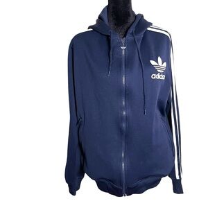 Adidas Hooded Track Jacket Men's Blue Zip Pockets Trefoil Logo — Size Large